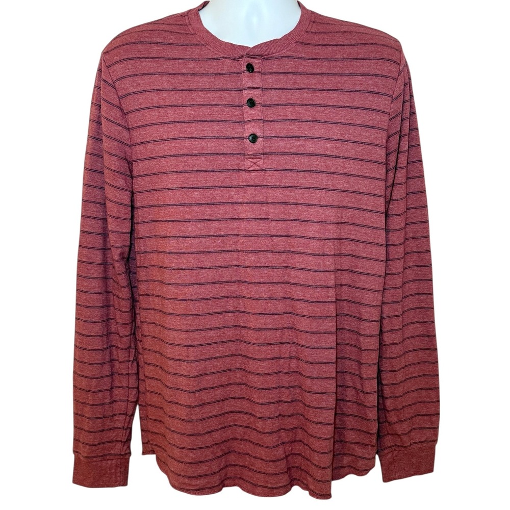 Marine Layer Mens M/L Double Knit Henley Shirt Red Striped Long Sleeve Pullover‎